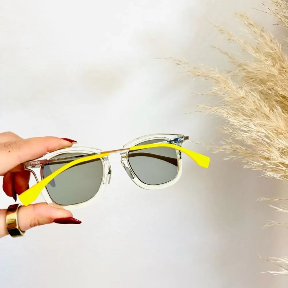 FENDI Logo Silver Yellow Metallic Grey Mirror Lens $595 Sunglasses Magnetic Case